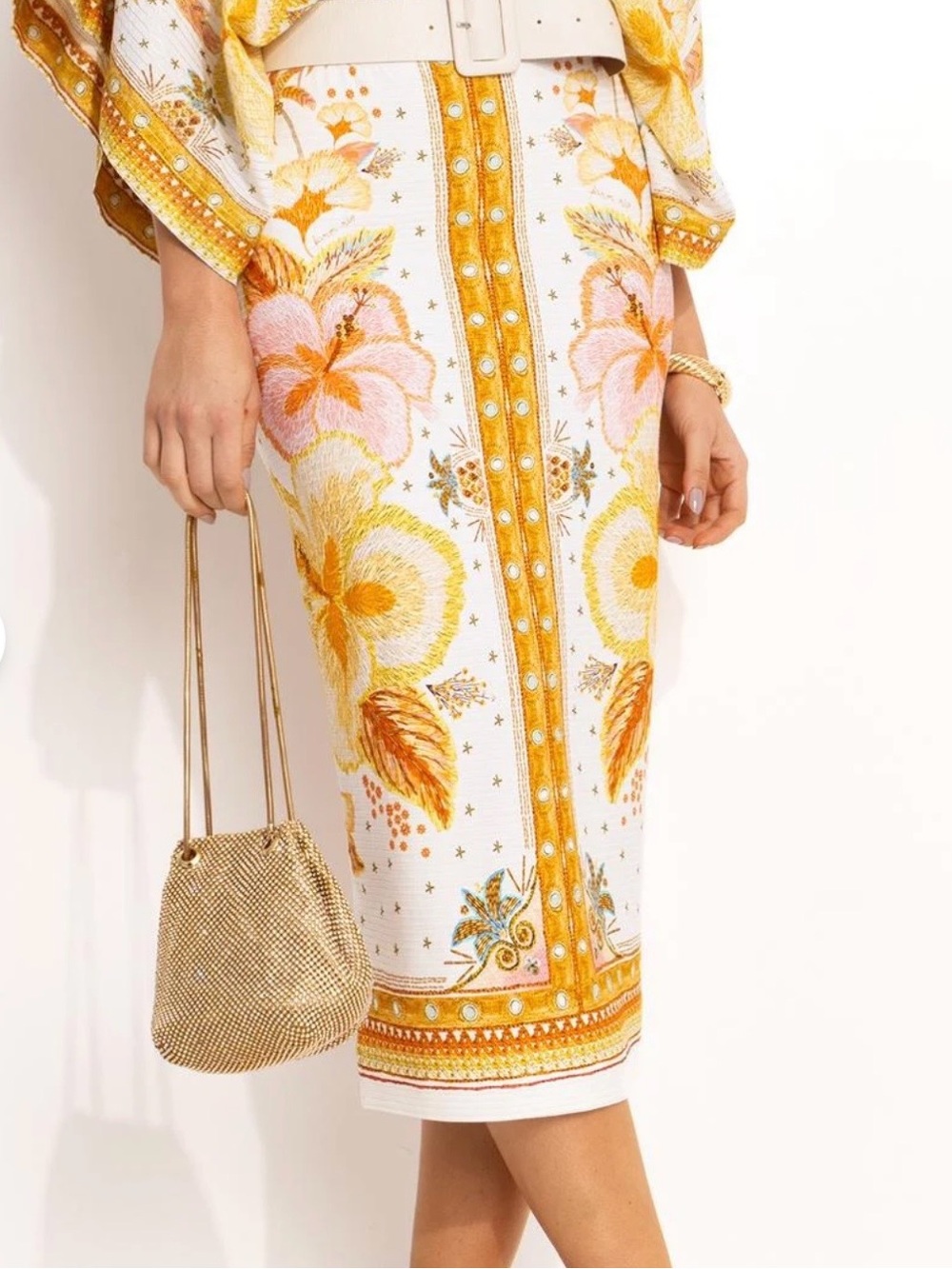 FARM RIO White & Yellow Floral Midi Pencil Skirt - Women's